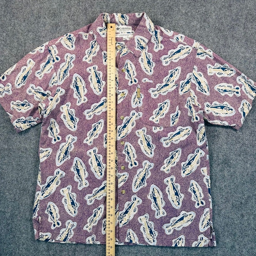 Columbia Men's M Purple Trout Fish Print Rayon Flax Blend Shirt Outdoors Camping - Picture 8 of 10